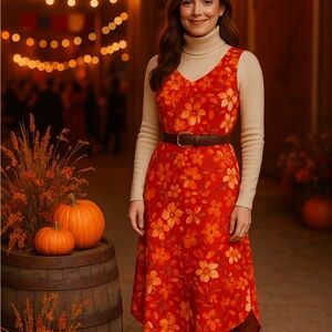 🌺 Red & Orange Floral Sleeveless Midi Dress – Size S/M
